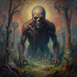 painting of creepy unsettling terrifying distant far otherworldly massive being staring directly into the camera in an alien landscape surrounded in odd architecture and unnatural plant life, abstract art, surrealism, horror, body horror, retrofuturism, traditional art, gothic, 4k, ultra hd, unreality, digital art