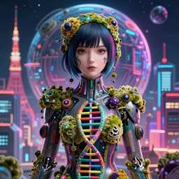 portrait of a psychedelic cybernetic dna with toxic mold themed clothes, macro photography, techno planet in cybernetic neo - tokyo in background, by jeff easley, vibrant colors, award winning, stylized neon, post - processing, by tsutomu nihei, superb resolution, by junji ito, by greg rutkowski, 8 k, hyper realistic anime, perfect art