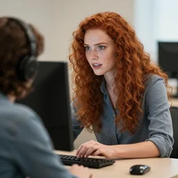 a redhead woman stalking someone on her computer