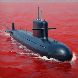 realistic oil painting of a submarine in a red ocean!!