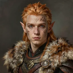 portrait painting of a young elven man with a soft face and short light orange hair and tribal tattoos on his face wearing fur armor, ultra realistic, concept art, intricate details, eerie, highly detailed, photorealistic, octane render, 8 k, unreal engine. art by artgerm and greg rutkowski and charlie bowater and magali villeneuve and alphonse mucha