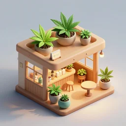 isometric cute cartoon of minimalist seed shop cafe decorated a few cannabis leaf pots. by benoit mandelbrot, render pixar palette