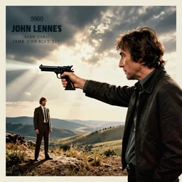 john lennon pointing a gun at sean connery, james bond, 1960s film poster