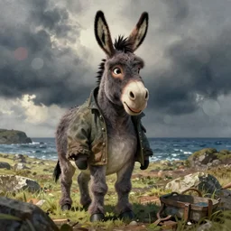 donkey Eeyore looking as fisherman in old storm jacket, cartoon, watercolor, bokeh effect