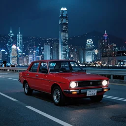 a car vaz 2101 with blood vinyl in the middle of a road on the night Hong Kong china town, blue color grading, cinematic color grading , unreal 5, hyperrealistic, realistic, photorealistic, dynamic lighting, highly detailed, cinematic landscape, studio landscape, studio lighting