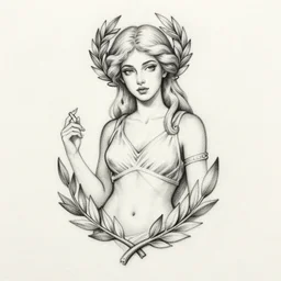 tattoo sketch of beautiful model as aphrodite greek goddess wearing a laurel wreath and arrowhead earrings, hyper - realistic, beautiful piercing eyes, small and sharp pupils, sexy look, in the style of den yakovlev, amazing detail, fantasy, elegant, smooth, sharp