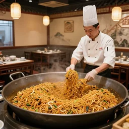 Inside a traditional Chinese restaurant, with the chef preparing lots of yakisoba in a giant pot art by Sergey Kolesov