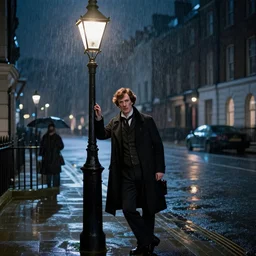 sherlock holmes by a lamppost in a city in 1 9 th century england at night while it raining