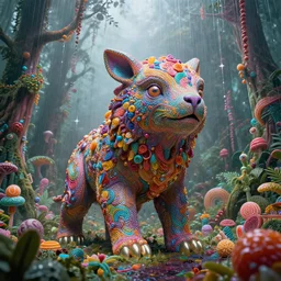 giant iridescent animal creature in candy jungle, raining, foggy, moody, : : by jeff koons, dan mcpharlin daniel merrian : : ornate, dynamic, particulate, rich colors, intricate, elegant, highly detailed, centered, artstation, smooth, sharp focus, octane render, 3 d