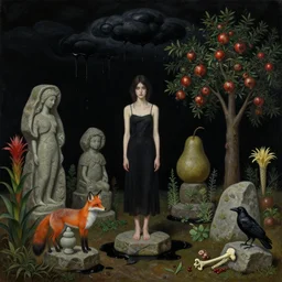 realistic painting of solid black night sky, tall emo girl, forest, stone sculptures, a fox, a pear tree, black clouds dripping black liquid, stones, black puddles, pomegranate tree, bromeliads, herbs, raven, bones, berries, zen, sensual, surrealist painting by magritte and monet and kahlo