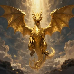Golden dragon coming from the skies, medieval, symmetry, good, divine, salvation, rejoicing, dark fantasy, trending on Artstation, trending on Deviantart, artstationHQ, artstationHD, full color