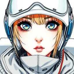 a copic maker manga portrait illustration by yoshiyuki sadamoto and alphons mucha of an anime girl highly detailed anime eyes wearing streetwear pilot suit by issey miyake and balenciaga 8 k