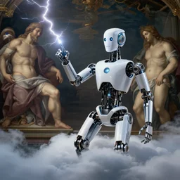 modern mechanical robot on the clouds is casting beautiful lightning from fingers, classical religious painting, michelangelo, fritz lang