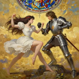 breathtaking detailed painting of princess mononoke in a golden sky fighting arthur rimbaud, with a knight armor, mediaval stained glass sky rembrandt style, elegant, highly detailed, artstation, concept art, matte, sharp focus, art by tom bagshaw, and greg rutkowski