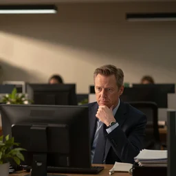 still from TV series, comedian Dave Hughes, working in an office, depth of field, bokeh