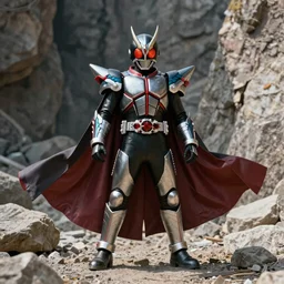 High Fantasy Kamen Rider with a flowing cape, single character, full body, 4k, rock quarry location, vibrant colors, daytime, glowing eyes, rubber suit, fantasy inspired dragon armor, ultra realistic, high quality, cinematic, centered, cinematography