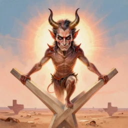 centered detailed portrait of the devil at the crossroads, texas desert, art by jean giraud and moebius, volumetric, realistic, expressive emotions, illustration, peach and blue gradients