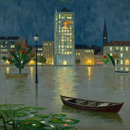 flooded city, fish, algae, boats, city, lights, saturated colors, rain, dan mumford, peter mohrbacher, thomas kindkade, alphonse mucha, loish