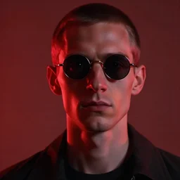 portrait of a slender man with short hair and rounded sunglasses, atmospheric and obscure, red neon light, by roger deakins, cinematography, syd mead, realistic