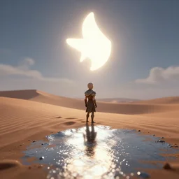 a render of a small dune character from skyrim looking at the sky with a glowing shape in front of the person. there is shiny mercury reflecting everything from below. 8 k, unreal engine, blender, by caleb worcester, pixar, trending on artstation