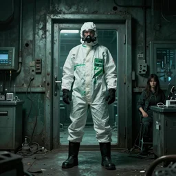 UHD hyperrealistic photorealistic detailed image of a man in a  green/white hazmat suit, inspired by the Stalker video game series standing in front of an laboratory door, in a ruined and dark underground lab, readying himself for combat with a green undertone by Ayami Kojima Amano Karol Bak, Greg Hildebrandt and Mark Brooks