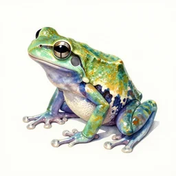 a beautiful watercolor painting of a vibrant and highly poisonous tree frog by moebius, tie dye colored shiny metal