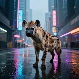 a high quality low wide angle photo of a hyena on the streets of a cyberpunk city, rainy, reflective ground, neon lights, realism, 8k