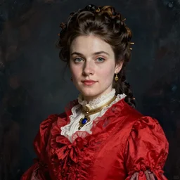 portrait of a female with a victorian red gown, extreme fine detail background, night, highly detailed, high quality, digital painting, hyperrealistic, by jeremy mann and mark ryden