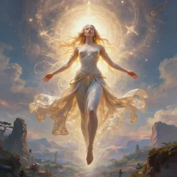 overdetailed maximalist fullbody portrait of a beautiful female energy being transcending to her true form while floating over a surreal landscape. Made by oozium, inspired by silvio vieira, overpainted by loish. 8k 3d realistic render. Bright, sacred, spiritual, dawn, backlit, calm, relaxed, dynamic, ethereal, arcane, intricate, mysterious, dramatic, cinematic. Seen from below. Overpaint by phazed
