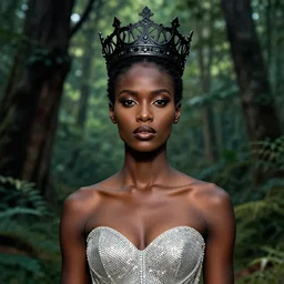 portrait african princess, black iron crown, diamond shimmering dress, strong line, deep color, forest, beautiful! coherent! by boris vallejo, by brian froud