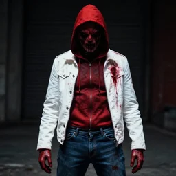 red hood cosplay, creepy, disturbing, bloody, darkness, grainy, urban, jeans, white jacket