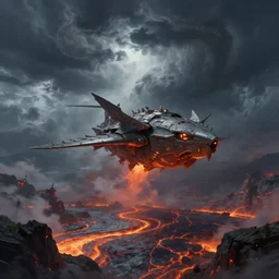 galleon flying in the sky during a cataclysm with a huge storm and rivers of lava, fantasy, concept art, artstation, hd 4 k