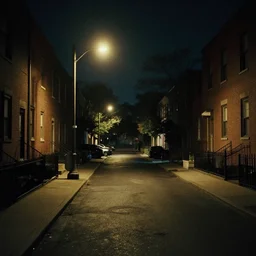 an urban neighborhood street at night, the only light is coming from the street lamps, there is something strange at the end of the street