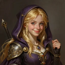 an epic fantasy comic book style portrait painting of a young blonde girl thief, d & d, fantasy, joyful smirk, intricate, elegant, highly detailed, digital painting, artstation, concept art, matte, sharp focus, illustration, art by artgerm and greg rutkowski and alphonse mucha