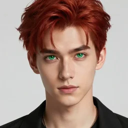 digital art of a stylish young adult man with red hair and green cat - like eyes, popular, famous, attractive, high quality, highly detailed, hd, 4 k, 8 k,