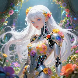 kind cyborg girl with flowers, elegant, scifi, futuristic, utopia, garden, colorful, long white hair, unique, vibrant, dreamy, lee ji - eun, illustration, atmosphere, top lighting, blue eyes, focused, artstation, highly detailed, art by yuhong ding and chengwei pan and serafleur and ina wong