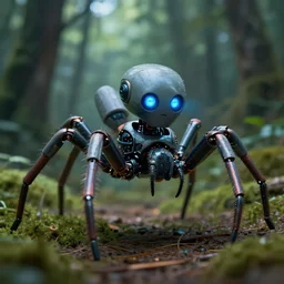 a cyberpunk spider robot with glowing eyes roaming around in the forest looking for its prey, 8 k octane render, closeup image