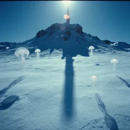 the first snow on a young earth, majestic landscape, long shadows, glowing white jellyfishes, still frame from the voyage of time movie by terrence malick with cinematogrophy of emmanuel lubezki with art direction of giger and beksinski, ultra wide 8 mm lens, anamorphic optical flares, 8 k