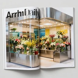 flower retail shop, modern, stainless steel and color glass, frame magazine, archidaily