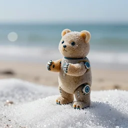 5 5 mm macro photo of an lifesize hybrid robot gummi bear standing, holding out its hands for a hug, on the gentle hill of white sugar. at the beach. dof. bokeh. by chris foss. sharp focus, highly detailed 8 k. intricate. lifelike. soft light. cinematic lighting.