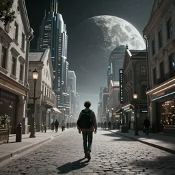 Slavic citizen walking on a street of a future Moon city, art book, 4k, Octane renderer, hyperrealistic, Flickr, by Maciej Kuciara