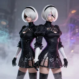photo of 2B nier automata wearing skintight clothes, bokeh, medium full shot, highly detailed skin and detailed face, flares, multicolor smoke
