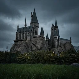 Hogwarts in the middle of a dark airy land in the Harry Poter world, hyper realistic, landscape, nature