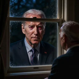 dark setting, night time, I look at my window at night to see Joe Biden with red bloodshot eyes creepily staring through my window