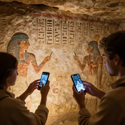 Archaeologists discover ancient cave painting carvings with hieroglyphics depicting people using modern smartphones. Hyper realistic, award winning, dramatic lighting.