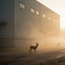 a weak shadow of a small deer standing outside a very large industrial building with small windows, golden light, thick mist, backlit, insane details, hyperrealistic photo by jimmy nelson, trending on artstation