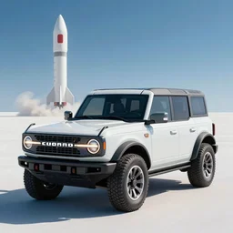 a beautiful, minimal. sharp focus, and immaculate ford bronco at a futuristic spaceport. vaporwave ombre rendering. outrun style. rocket on the launch pad in the style of a travel poster. trending on artstation. recommended for you behance. by chris moore. by edward hopper. ambient occlusion. digital matte painting. metropolis filmic. gotham city.