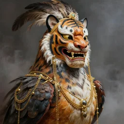 masterful fantastic realist painting an exotic ancient feathered and bejeweled bird wearing an exquisite and fiercely painted bugaku mask of a tiger, gold chains strung like tinsel, digital painting trending on artstation, nose ring, volumetric lighting and mist, cosplay, portrait painting, hyperrealistic, octane render