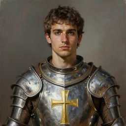 portrait painting of a young assyrian male, with tan skin, wearing a shining medieval iron armor with a golden nestorian cross carved into the armor, sharp focus, award - winning, trending on artstation, hyperdetailed detailed, intricate. art by rebecca guay