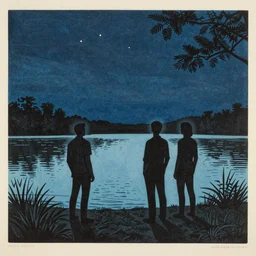 standing in a lake looking at reflection of the night sky by woodblock print, nicolas delort, moebius, victo ngai, josan gonzalez, kilian eng